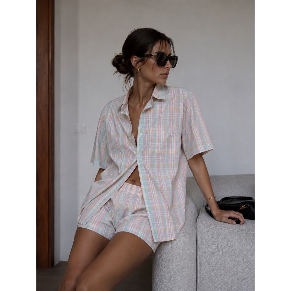 Vintage Christian Dior Pastel Plaid Button Down Logo Short Sleeve Pink Shirt Med
